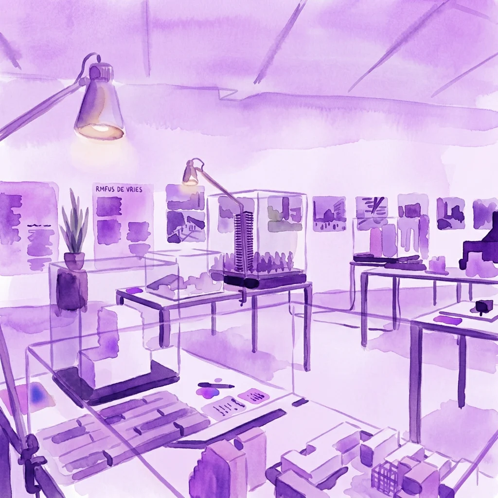 Una ilustración en acuarela de un espacio de exposición diseñado como una oficina abierta, con maquetas arquitectónicas sobre escritorios, lámparas de escritorio y plantas, que representan la exposición 'Out of Office – Amsterdam Models on the Move'.