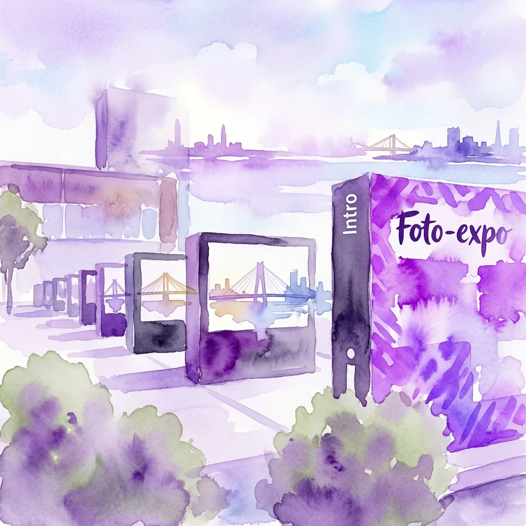 Waterverftekening van een buitenexpositie op NDSM-werf, met grote weergaven van brugfoto's langs een rivier met industriële gebouwen op de achtergrond.