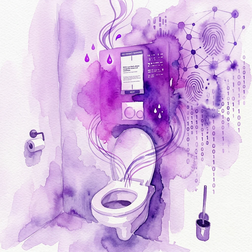 Instalación de arte interactivo 'Pee Privacy' de Woven Studio en un baño, con un inodoro que presenta una pantalla digital sobre la privacidad de los datos, rodeada de efectos de acuarela púrpura, código binario y símbolos de huellas dactilares.