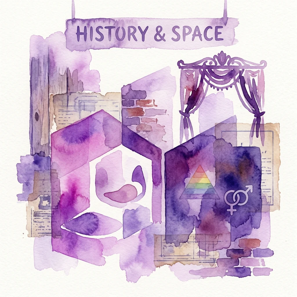 Ilustración en acuarela para la exposición 'Peeping Spaces', que presenta elementos arquitectónicos, un triángulo arcoíris y símbolos de género bajo un cartel de 'HISTORY & SPACE', reflejando la historia queer y el diseño urbano en el Barrio Rojo de Ámsterdam.