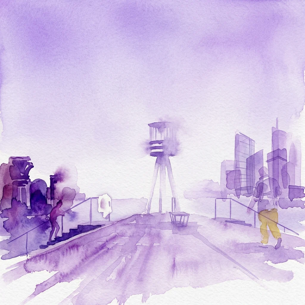 A purple watercolor illustration of an urban scene featuring a water tower, modern skyscrapers, and people walking, evoking a contemplative view of city life.