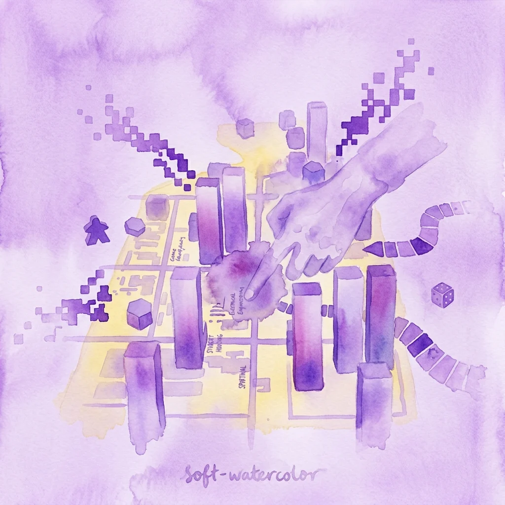 A watercolor illustration of a cityscape made of architectural blocks and game pieces, with a hand interacting with the structures, representing the intersection of play and urban design in the 'Playing Architecture' exhibition.