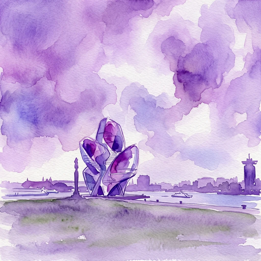 A watercolor illustration of a futuristic, organic-shaped building on a waterfront with the IJ river in Amsterdam, under a purple-hued sky.