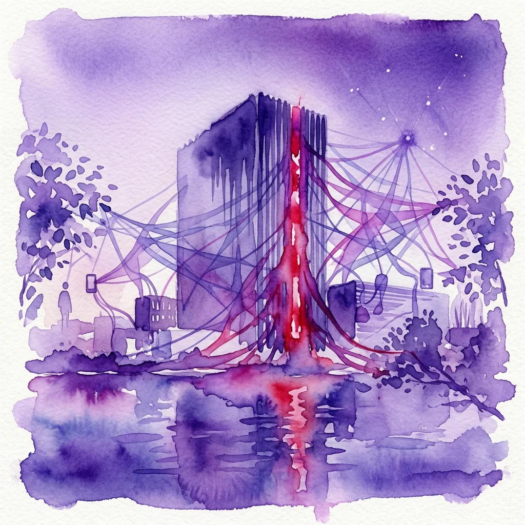 Abstract aquarelkunstwerk dat een gebouw met rode en paarse datastromen afbeeldt die eruit voortkomen, wat de integratie van technologie in het stadsleven symboliseert.