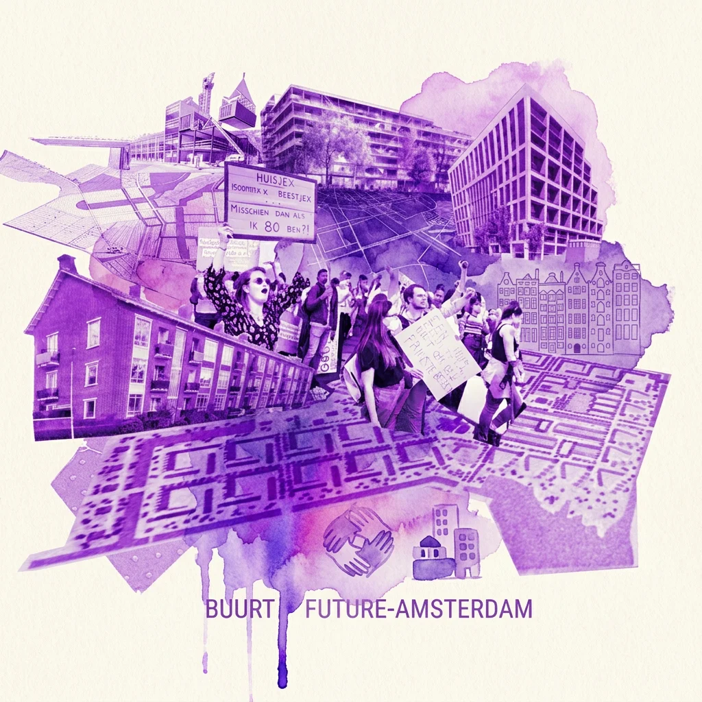 A purple-toned collage featuring architectural blueprints, community protests, and Dutch buildings, promoting the 'Retellings – Building Together with Neighbourhoods' exhibition in Amsterdam.