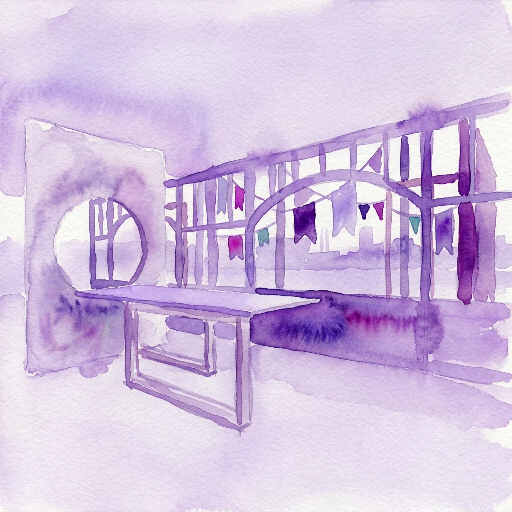 Una ilustración en acuarela de un espacio urbano abstracto con una mesa, un arco y coloridas pancartas, que representa la exposición 'Espacios Seguros: El derecho al espacio en la ciudad'.