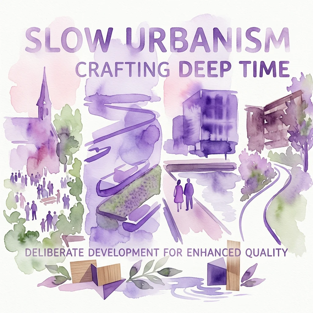 Watercolor illustration of urban spaces with buildings, people, and nature, promoting slow urbanism and deliberate development for enhanced quality.