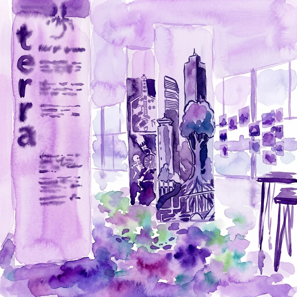 Watercolor illustration of an exhibition space featuring architectural models, greenery, and the word 'terra' on a purple backdrop, promoting the Sub terra exhibition on underground urbanism.