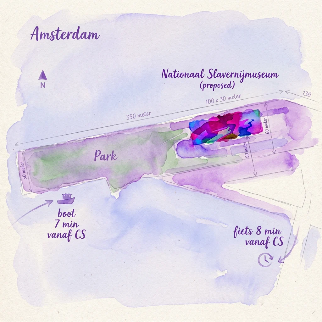Waterverfkaart van Amsterdam met de voorgestelde locatie van het Nationaal Slavernijmuseum, inclusief afmetingen en reistijden vanaf CS.