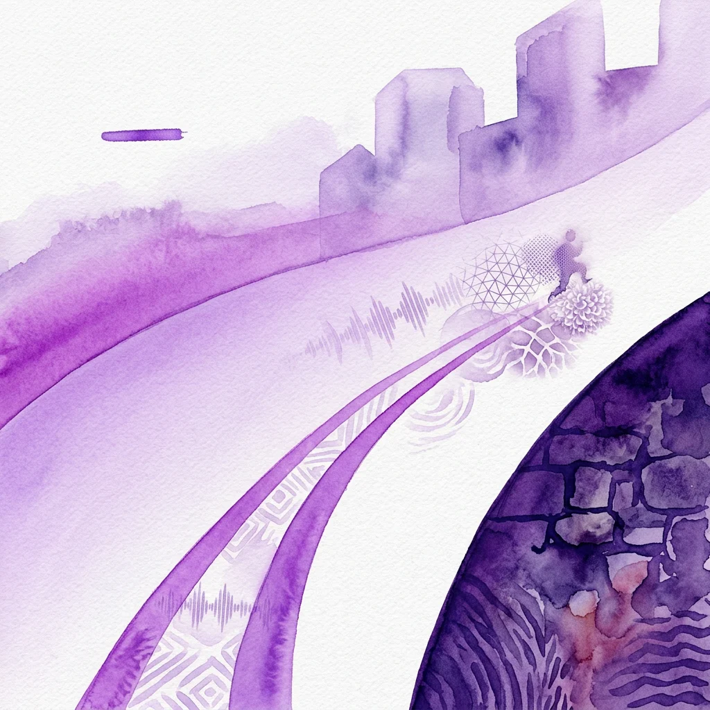 Una ilustración abstracta de acuarela en tonos púrpuras que representa un paisaje urbano con elementos sensoriales como ondas sonoras, patrones geométricos y un camino texturizado, representando la exposición 'The Sensitive City'.