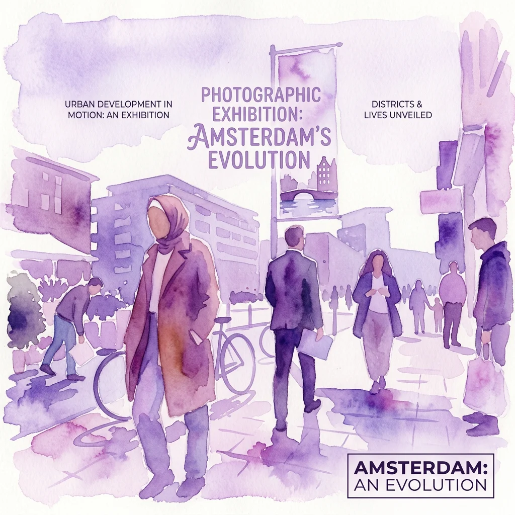 Ilustración en acuarela de una bulliciosa escena callejera de Ámsterdam con gente diversa, edificios y bicicletas, promocionando la exposición fotográfica 'Amsterdam: An Evolution' de Rufus de Vries.