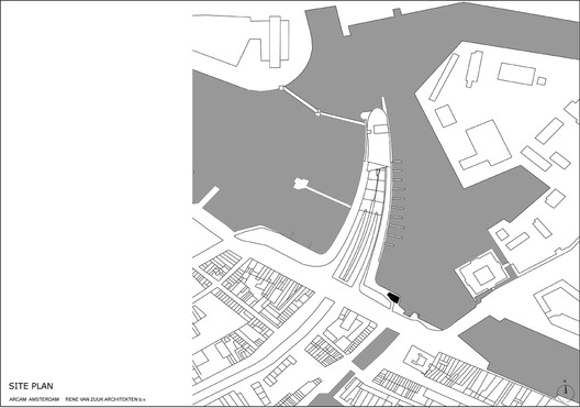 Site plan showing building layouts, roads, and waterways around Amsterdam Centre for Architecture with labeled 'SITE PLAN' text