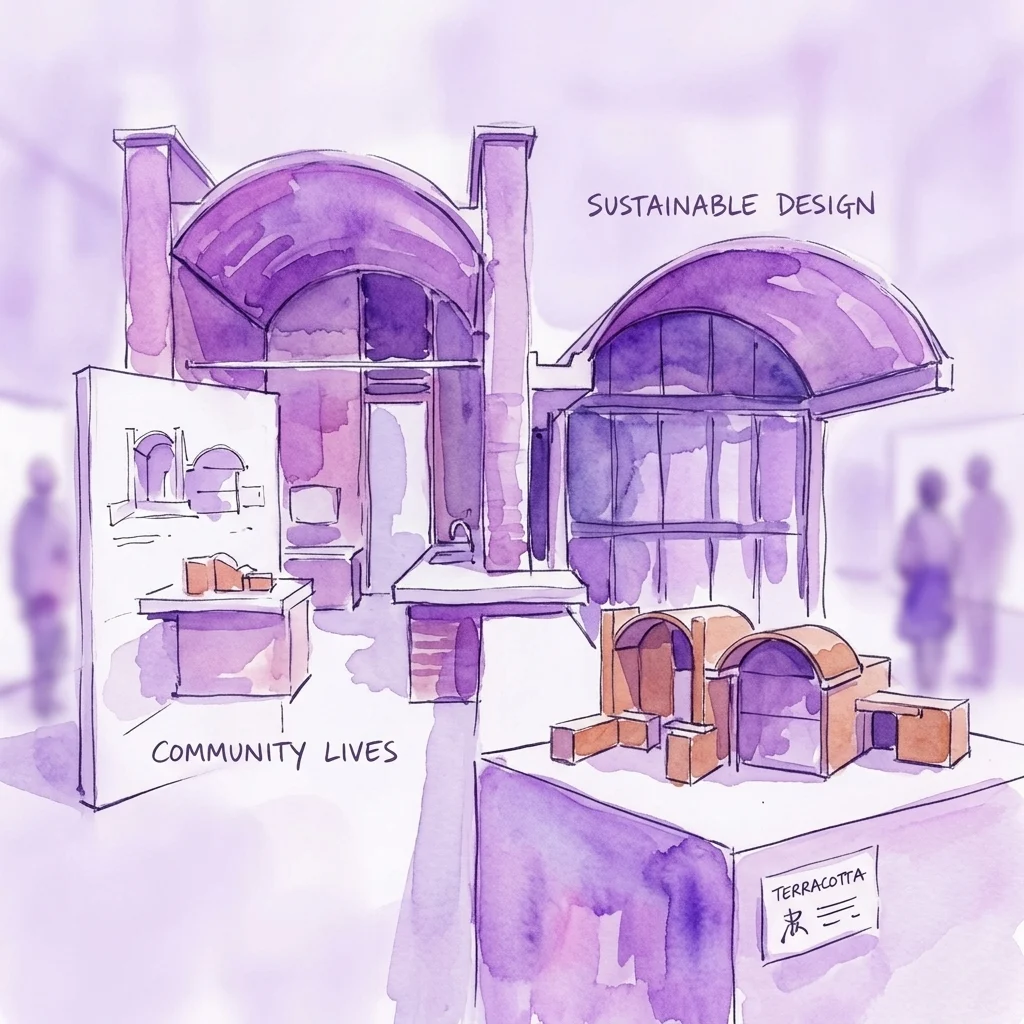 Ilustracja akwarelowa modeli architektonicznych i szkiców w galerii, prezentująca zrównoważony design z wykorzystaniem terakoty, z etykietami tekstowymi 'Zrównoważony Design', 'Życie Społeczności' i 'Terakota'.