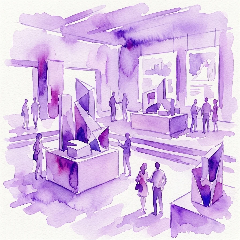 Ilustración en acuarela de un espacio de exposición con maquetas y planos arquitectónicos en exhibición, visitantes observando las obras en un entorno de galería moderno.