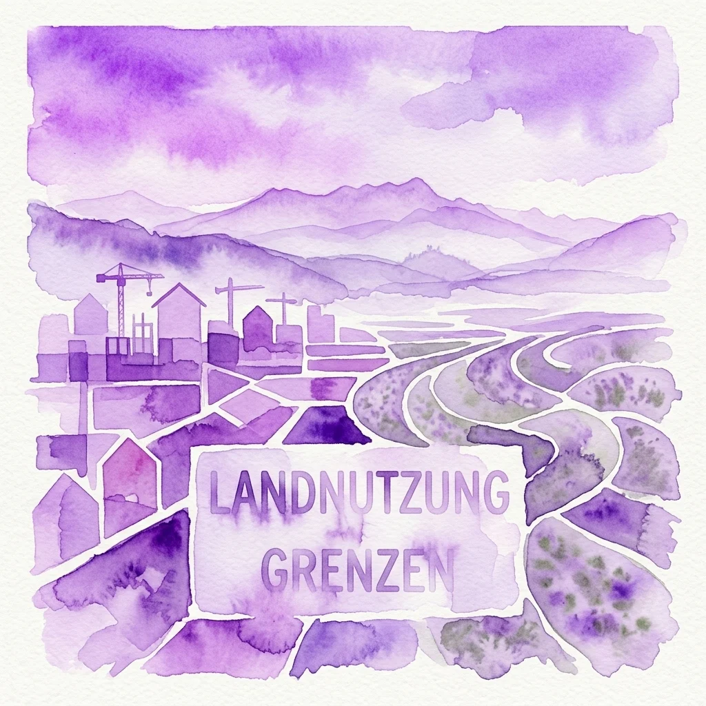 Ilustración en acuarela en tonos púrpuras que representa un paisaje con desarrollo urbano, campos agrícolas y montañas, con el texto alemán 'LANDNUTZUNG GRENZEN' (Límites de Uso del Suelo) prominentemente exhibido.