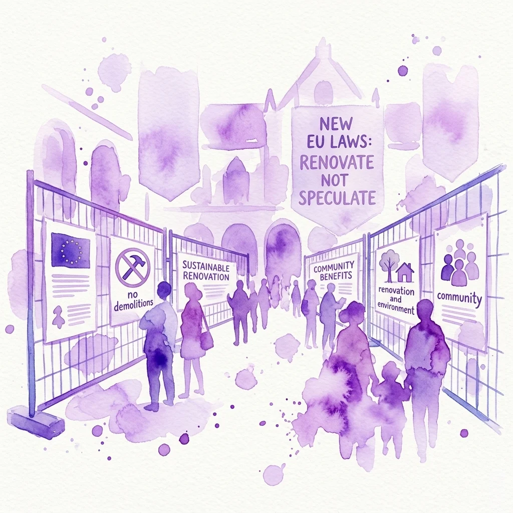 Een aquarelillustratie van de pop-up tentoonstelling Countdown House Europe! in het Architekturzentrum Wien, met informatieve spandoeken op bouwhekken die nieuwe EU-wetten voor duurzame renovatie en gemeenschapsvoordelen promoten.