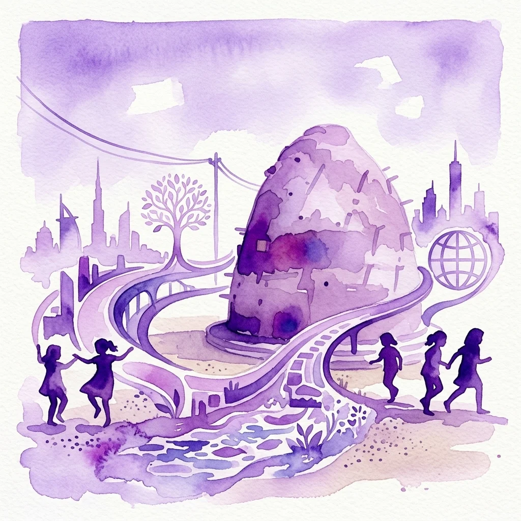 Una ilustración conceptual en acuarela púrpura de una escena de reparación ecológica y social global, con siluetas de niños, un árbol, un globo terráqueo y elementos arquitectónicos que simbolizan el urbanismo sostenible.