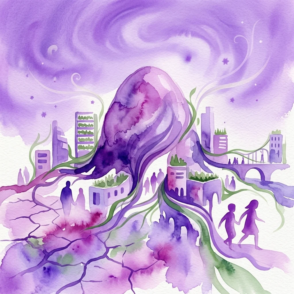 Ilustracja akwarelowa przedstawiająca dużą, organiczną, fioletową masę z zielonymi pnączami i korzeniami przeplatającymi się z nowoczesnymi budynkami, symbolizującą połączenie natury i urbanizmu w celu naprawy środowiska i zdrowia planety.