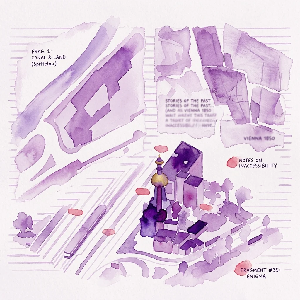 Un fragmento de mapa en acuarela titulado 'FRAG. 1: CANAL & LAND (Spittelau)' que muestra un paisaje urbano con tonos púrpuras con un canal, edificios y etiquetas de texto que incluyen 'STORIES OF THE PAST' y 'VIENNA 1850'.