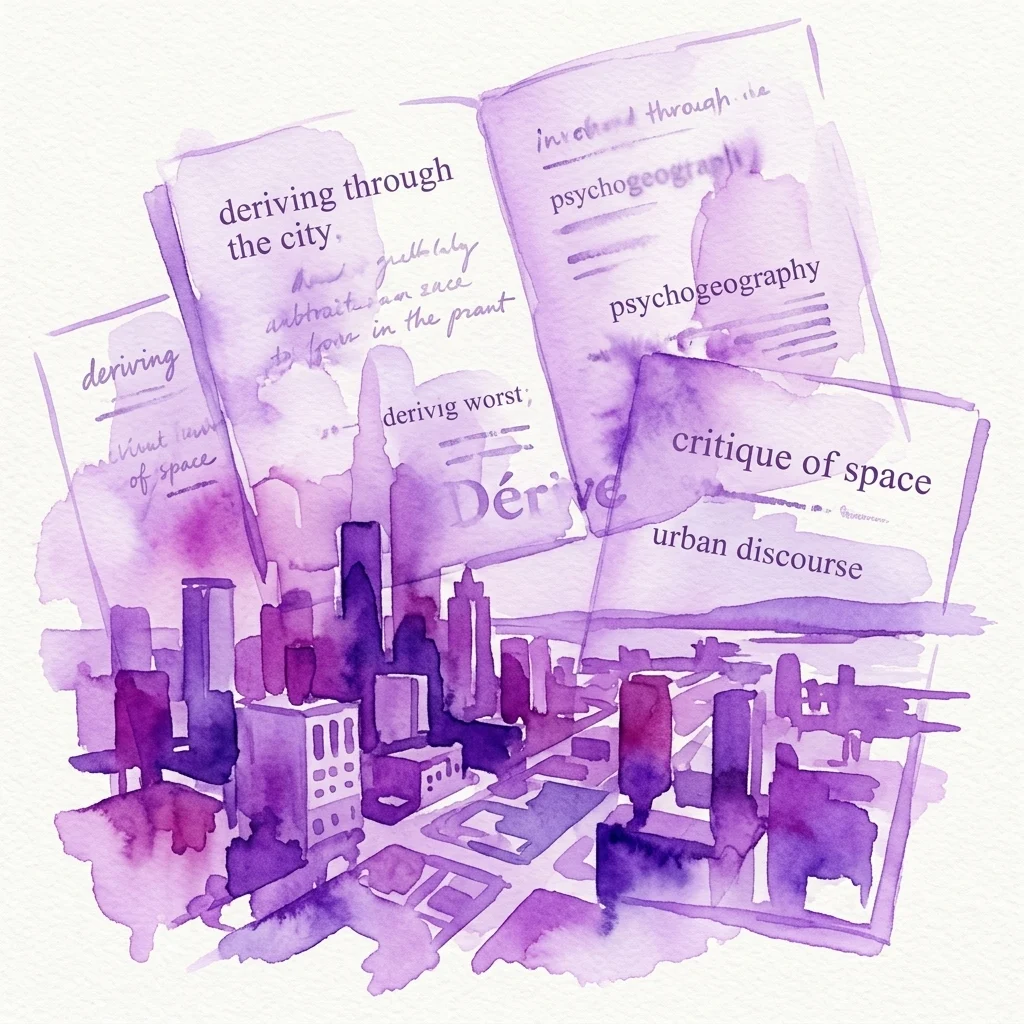 Een abstracte aquarelillustratie van een stadsbeeld met overlappende tijdschriftpagina's met teksten als 'deriving through the city', 'psychogeography' en 'urban discourse', die de 25-jarige geschiedenis van het Dérive-tijdschrift vertegenwoordigen.