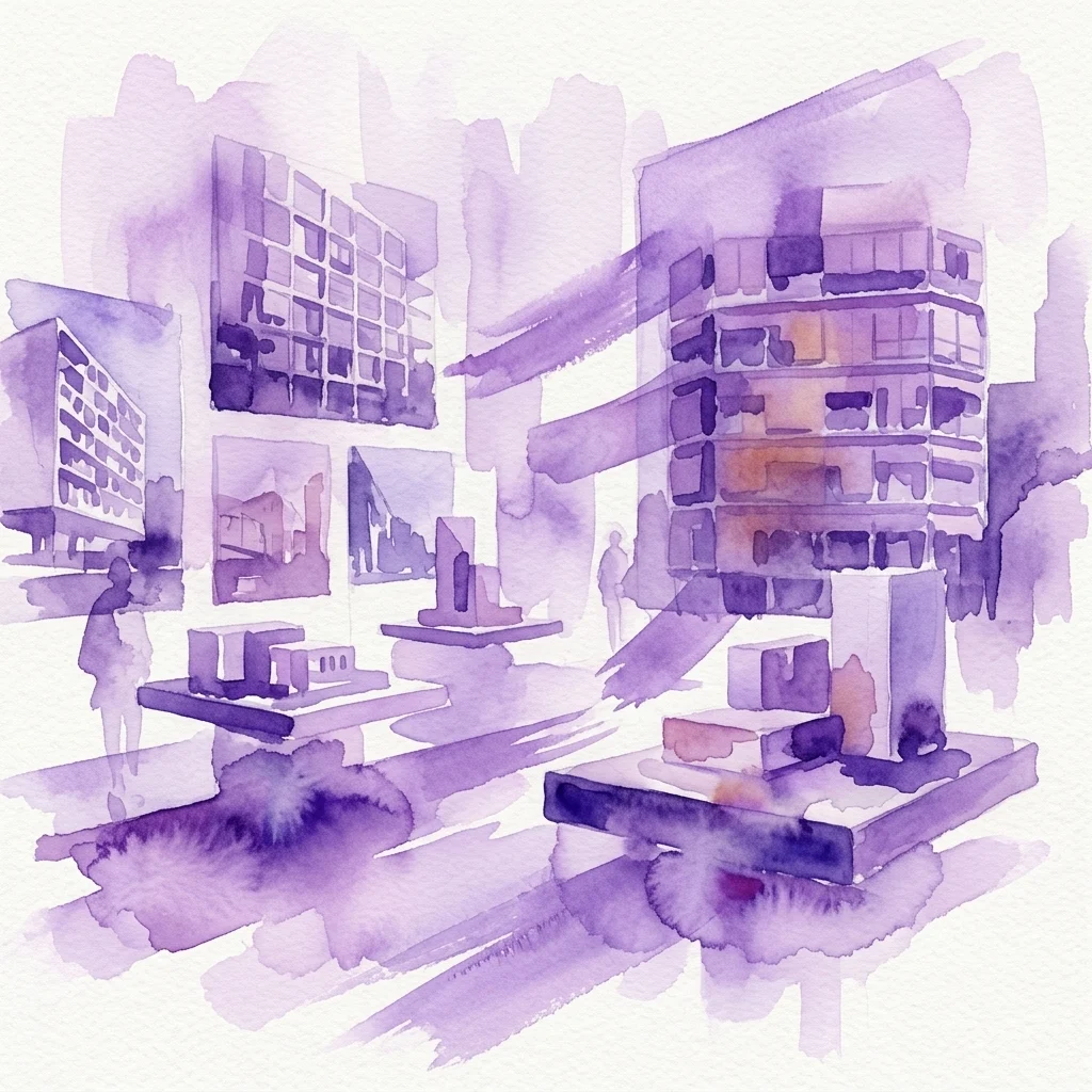 Ilustración en acuarela de una exposición con maquetas arquitectónicas y fotografías de edificios europeos contemporáneos, mostrando diversos estilos y materiales en un entorno de galería.