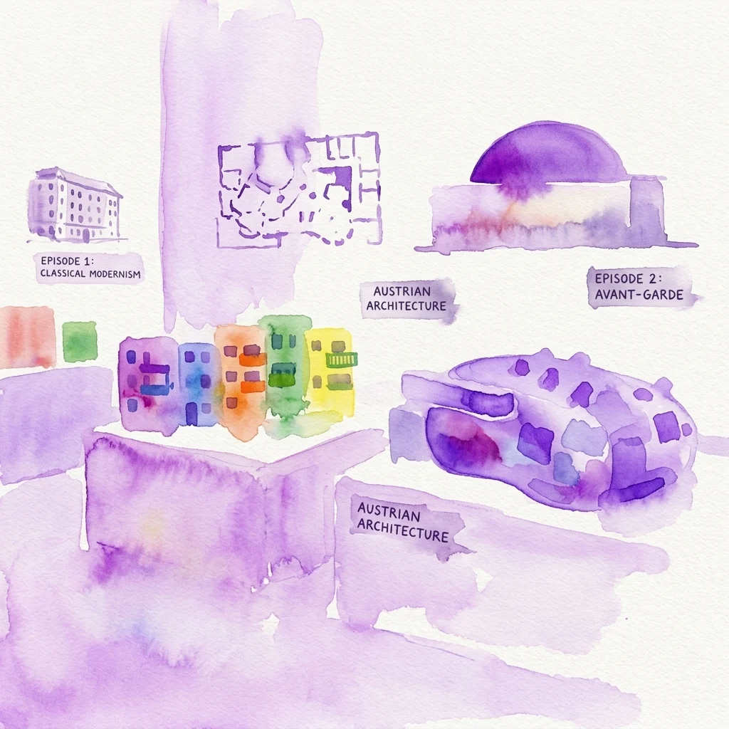 Ilustración en acuarela de la disposición de una exposición con maquetas arquitectónicas y dibujos, con las etiquetas 'Episodio 1: Modernismo Clásico' y 'Episodio 2: Vanguardia' bajo el tema 'Arquitectura Austriaca'.
