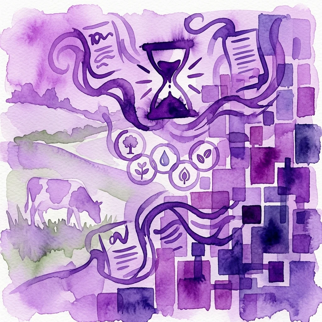 Watercolor illustration in purple tones depicting land use themes: a cow in a field, an hourglass, documents, and icons for nature, water, and agriculture, representing the exhibition 'Land for Us All' on sustainable land policy.