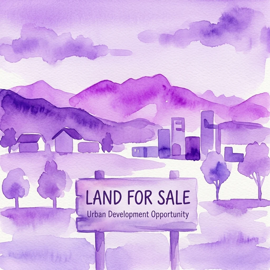 A purple watercolor illustration of a landscape with mountains, trees, and buildings, featuring a sign that reads 'LAND FOR SALE' and 'Urban Development Opportunity'.