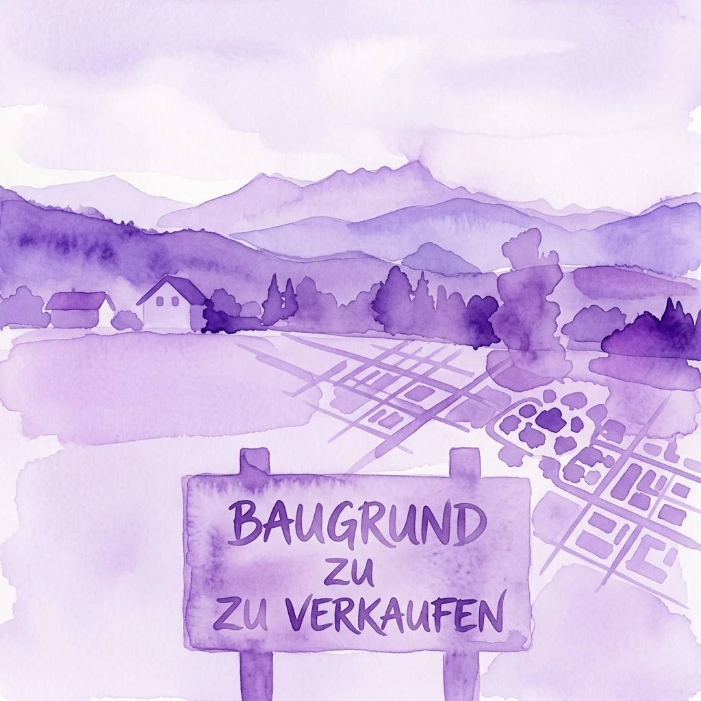 Ilustración en acuarela de un cartel que dice 'BAUGRUND ZU VERKAUFEN' (Terreno en venta) en un paisaje con montañas y elementos de planificación urbana, representando la exposición 'Land for Us All' sobre política de tierras.