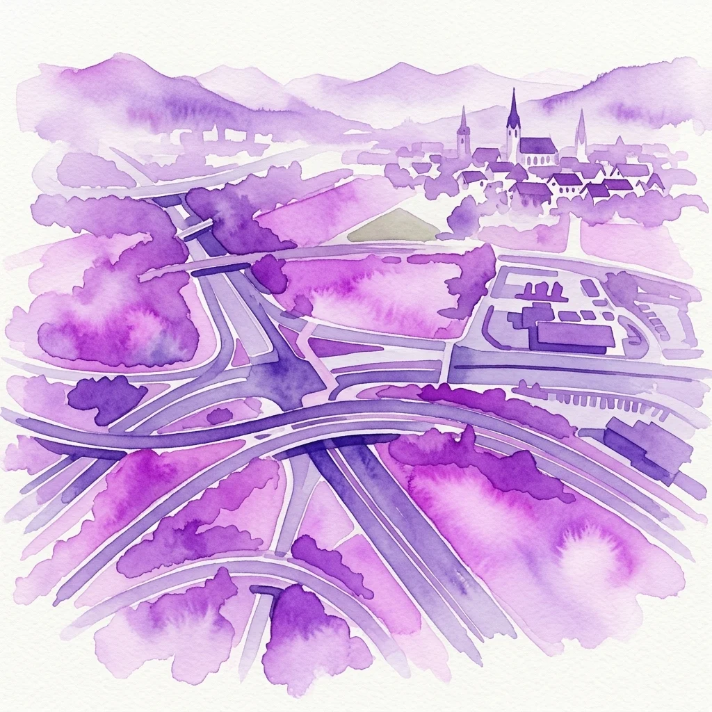Ilustracja akwarelowa w odcieniach fioletu przedstawiająca miasto z drogami, budynkami i terenami zielonymi, symbolizująca wyzwania związane z zagospodarowaniem terenu i planowaniem przestrzennym.
