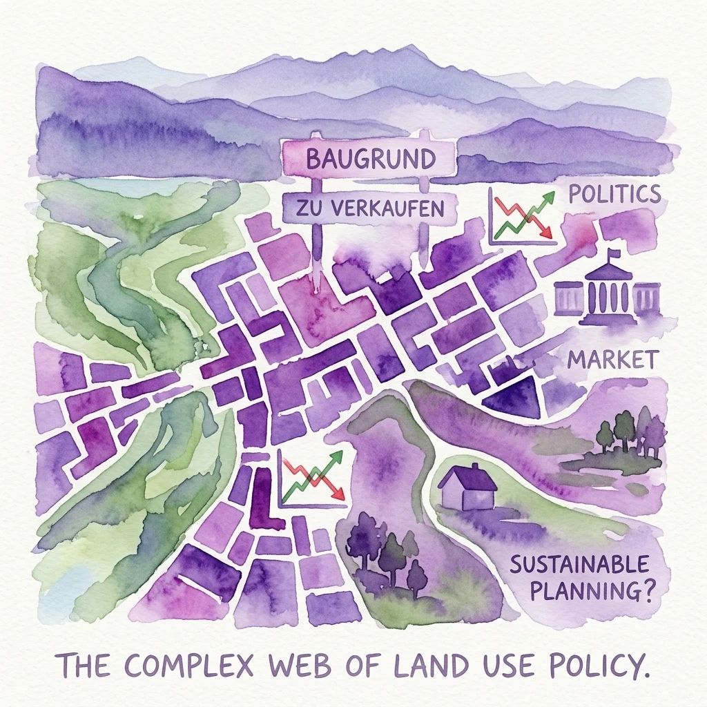 Een aquarelillustratie die het complexe web van landgebruiksbeleid weergeeft, met stedelijke uitbreiding, natuurlijke landschappen, een 'BAUGRUND ZU VERKAUFEN'-bord, en labels voor politiek, markt en duurzame planning.