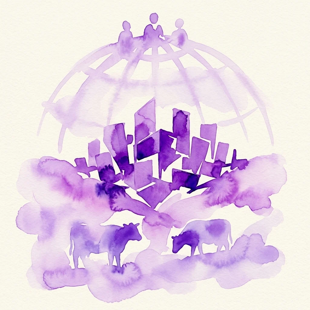 Paars aquarelkunstwerk dat een wereldbol met mensen, stedelijke gebouwen en koeien afbeeldt, symbool voor landgebruik en beleidspanningen.