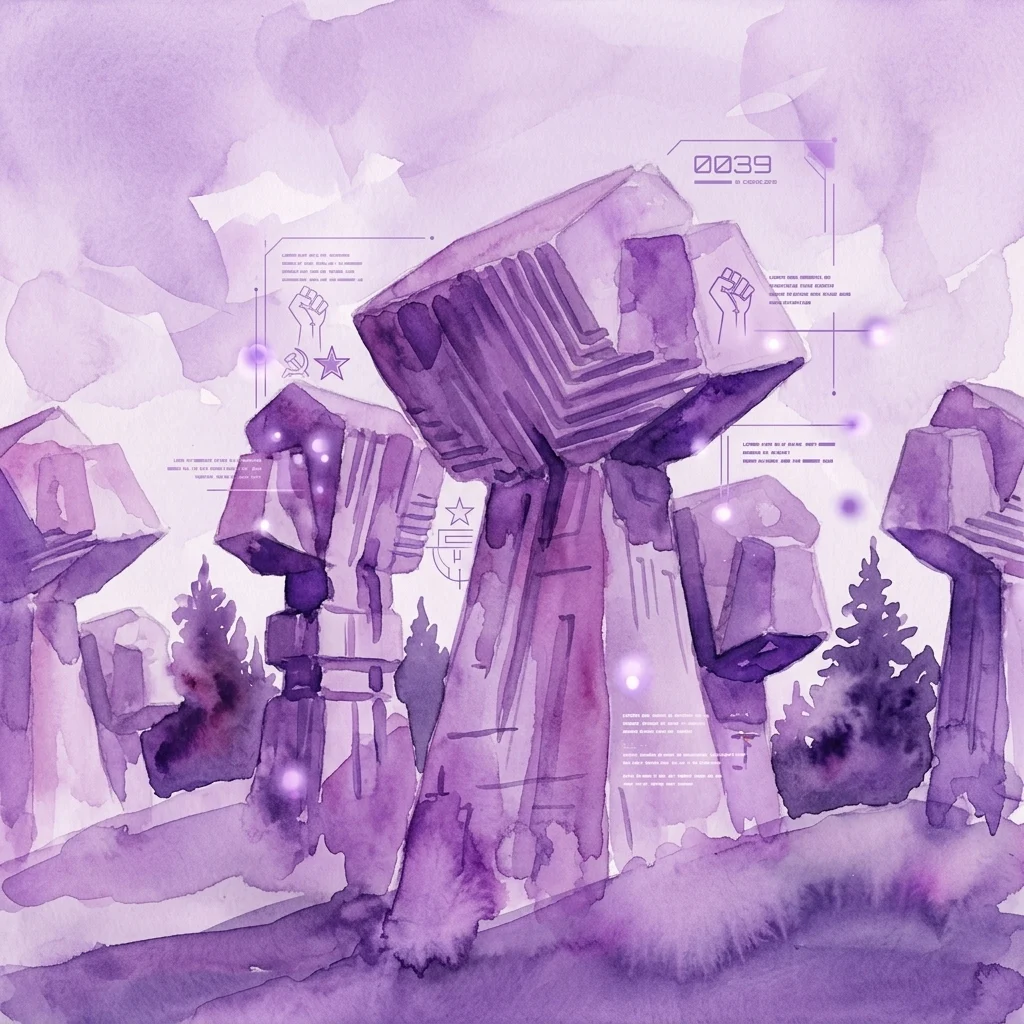Een paarse aquarelillustratie van abstracte betonnen monumenten, lijkend op Joegoslavische antifascistische spomeniks, met daaroverheen digitale AR-interface-elementen en symbolische iconen zoals vuisten en sterren, wat een contemplatieve verkenning van historisch geheugen oproept.