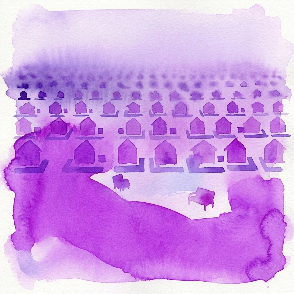 Fioletowa ilustracja akwarelowa powtarzalnych domów podmiejskich, symbolizująca koncepcję ekspansji przedmieść i wyidealizowanego amerykańskiego stylu życia ze snów.
