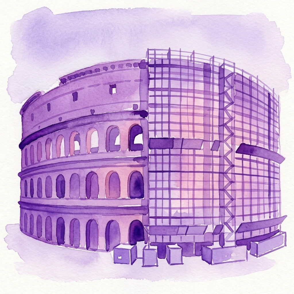 Ilustracja akwarelowa Koloseum z rusztowaniami i tymczasowymi elementami konstrukcyjnymi, symbolizująca tymczasową infrastrukturę miejską i ukrytą funkcjonalność.