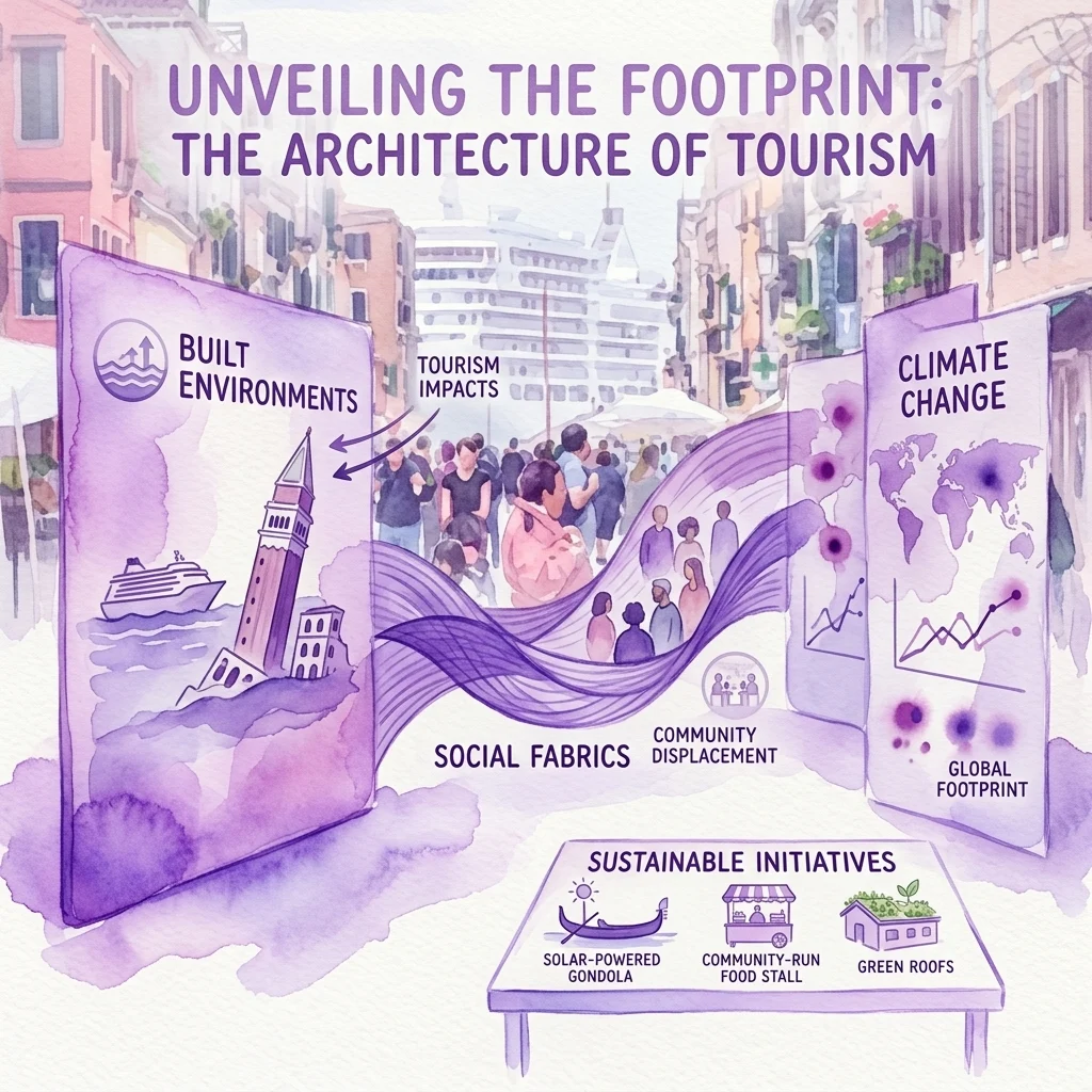 Illustratie voor de tentoonstelling 'Unveiling the Footprint: The Architecture of Tourism', die de impact van toerisme op gebouwde omgevingen, sociale structuren en klimaatverandering toont, met voorbeelden van duurzame initiatieven zoals gondels op zonne-energie en groene daken.