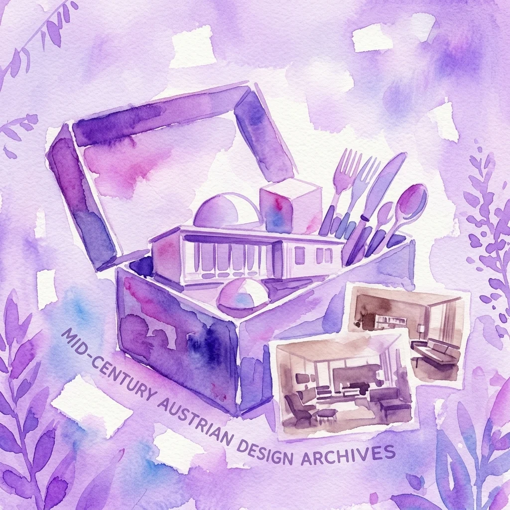 Ilustración en acuarela de una caja de archivo abierta que contiene maquetas arquitectónicas, cubertería y fotografías, que representan los archivos de diseño austriaco de mediados de siglo.