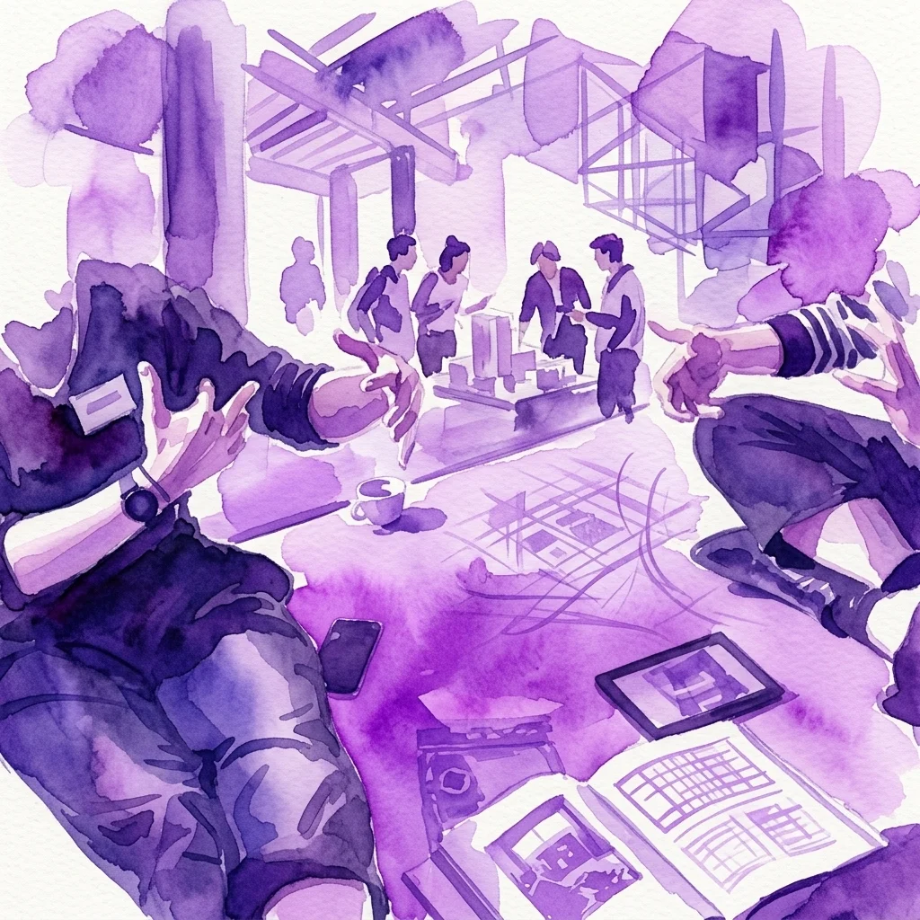 Una ilustración en acuarela de jóvenes arquitectos colaborando en un espacio de galería, examinando planos y maquetas, reflexionando sobre el diseño arquitectónico y el compromiso social.