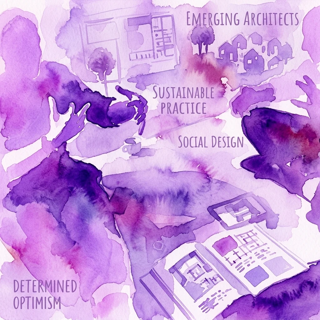 Watercolor illustration of emerging architects working with models and plans, highlighting sustainable practice, social design, and determined optimism in a workshop setting.