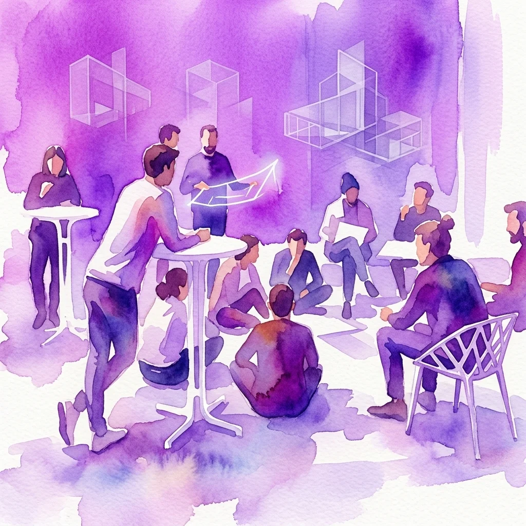 Una ilustración en acuarela de jóvenes arquitectos colaborando en un espacio de trabajo moderno, discutiendo proyectos de construcción con maquetas y bocetos arquitectónicos, reflejando temas de innovación y responsabilidad social en la arquitectura.