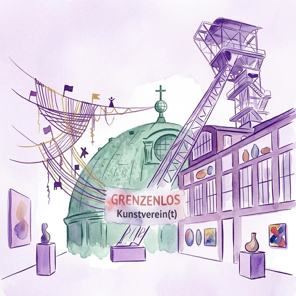 Ilustración en acuarela que combina un edificio de cúpula verde, un castillete minero industrial y el interior de una galería de arte con el texto 'GRENZENLOS Kunstverein(t)'.