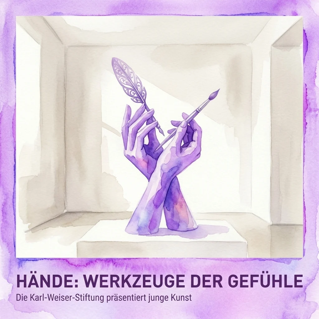Watercolor illustration of two purple hands holding a quill and paintbrush in a gallery setting, with text reading 'Hände: Werkzeuge der Gefühle' and 'Die Karl-Weiser-Stiftung präsentiert junge Kunst'.