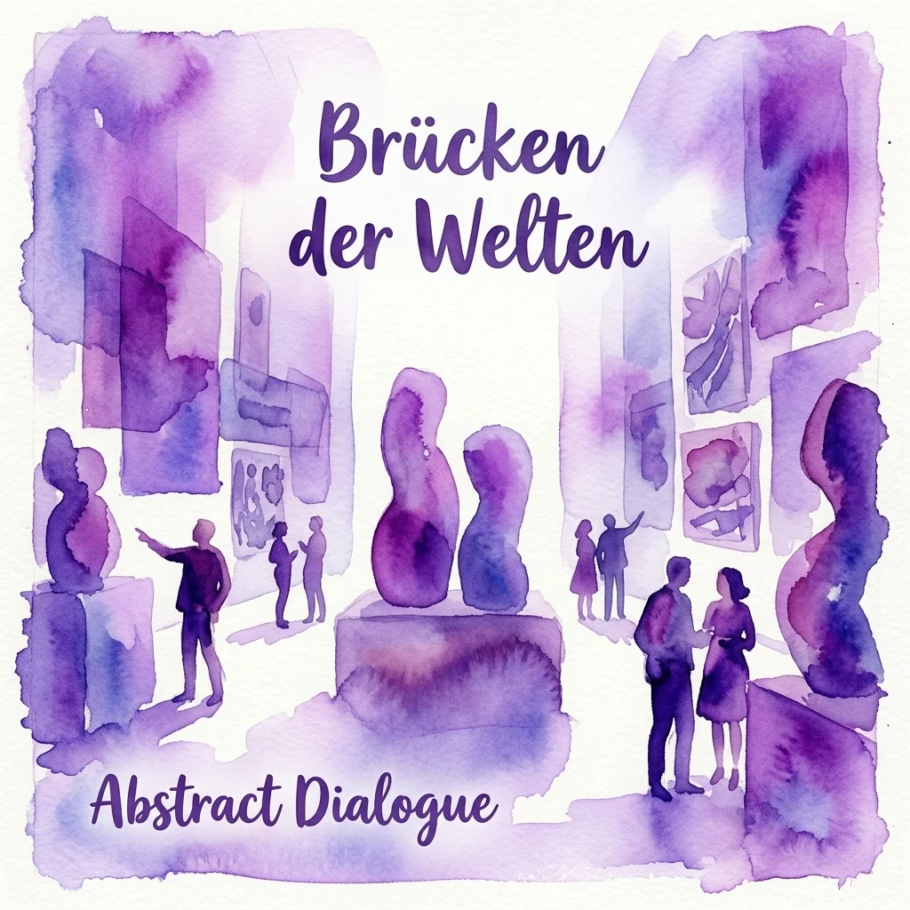 Aquarelillustratie van een galerieruimte met bezoekers die abstracte sculpturen en muurkunst bekijken, met de tekst 'Brücken der Welten' en 'Abstract Dialogue' in paarse tinten.