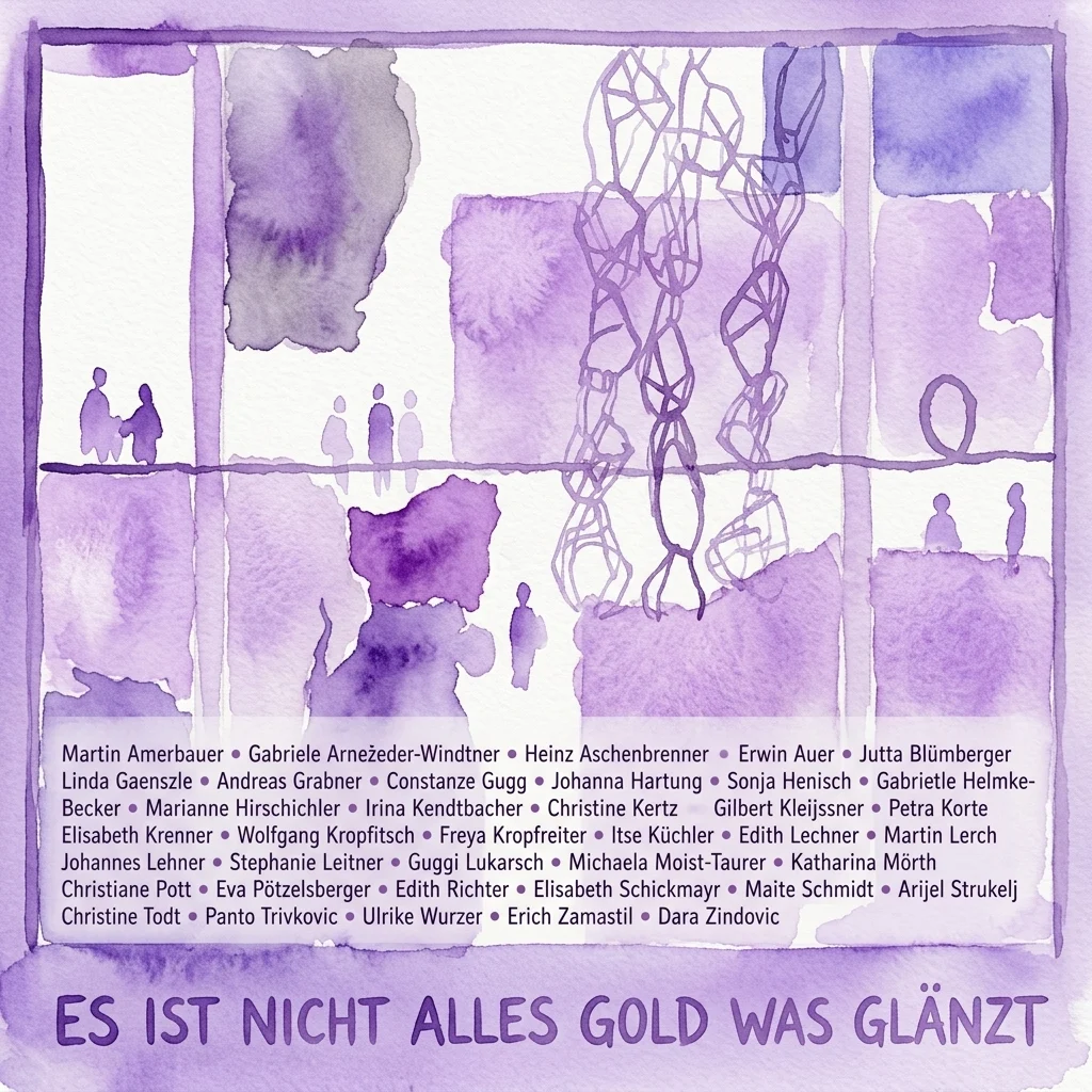 Póster en acuarela morada de la exposición 'Not Everything That Glitters Is Gold', que muestra siluetas de la galería y una lista de los artistas participantes.
