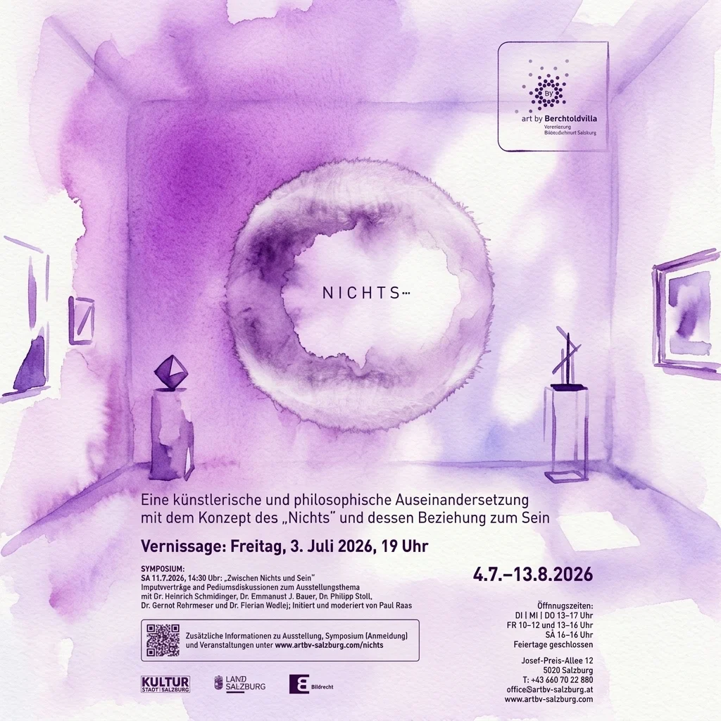 Poster for the 'NICHTS...' exhibition at art by Berchtoldvilla Salzburg, featuring a purple watercolor gallery scene and dates from July 4 to August 13, 2026.