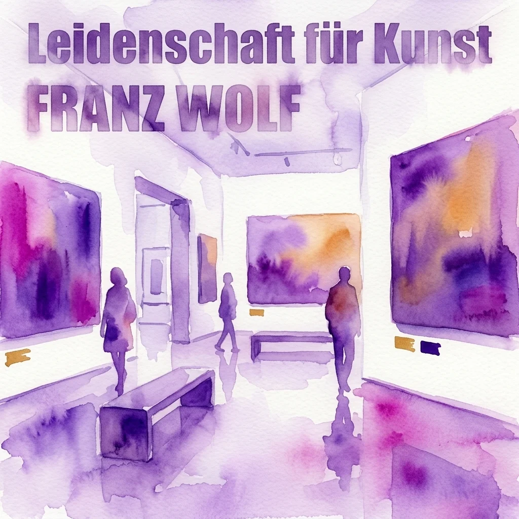 Watercolor illustration of an art gallery interior showing abstract paintings and visitors, with the title 'Leidenschaft für Kunst FRANZ WOLF' overlaid.