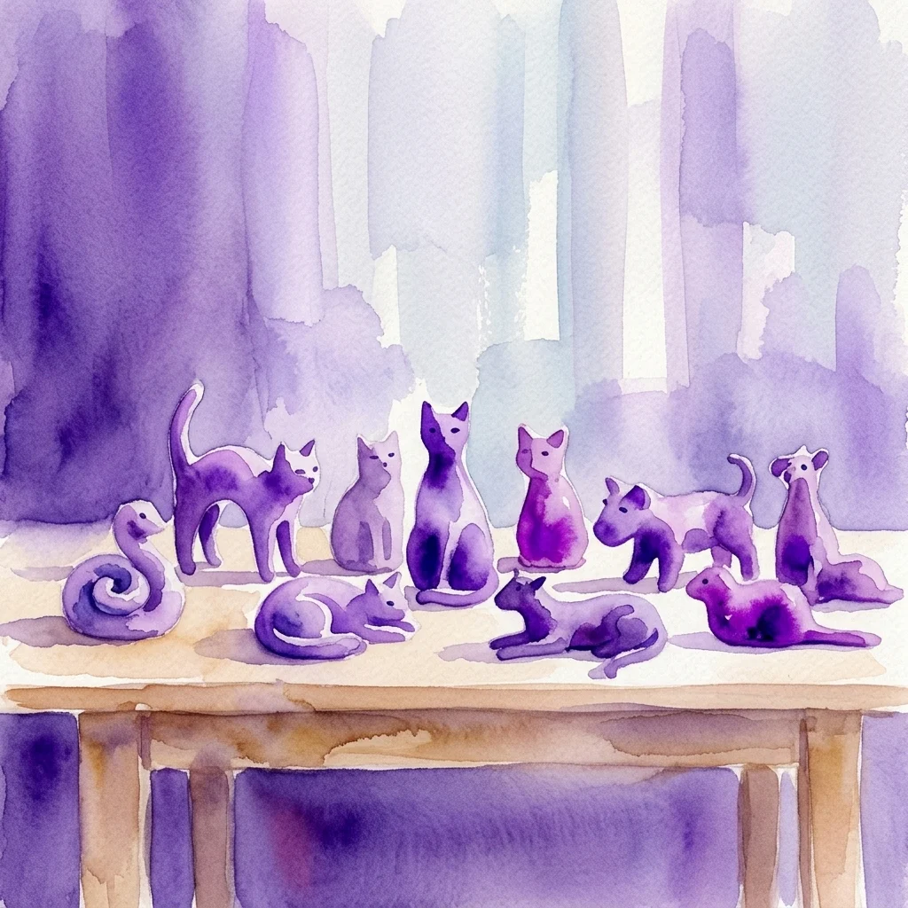 Acuarela que muestra una colección de figuras de animales de color morado, incluyendo gatos, un perro y una serpiente, expuestas sobre una mesa de madera.