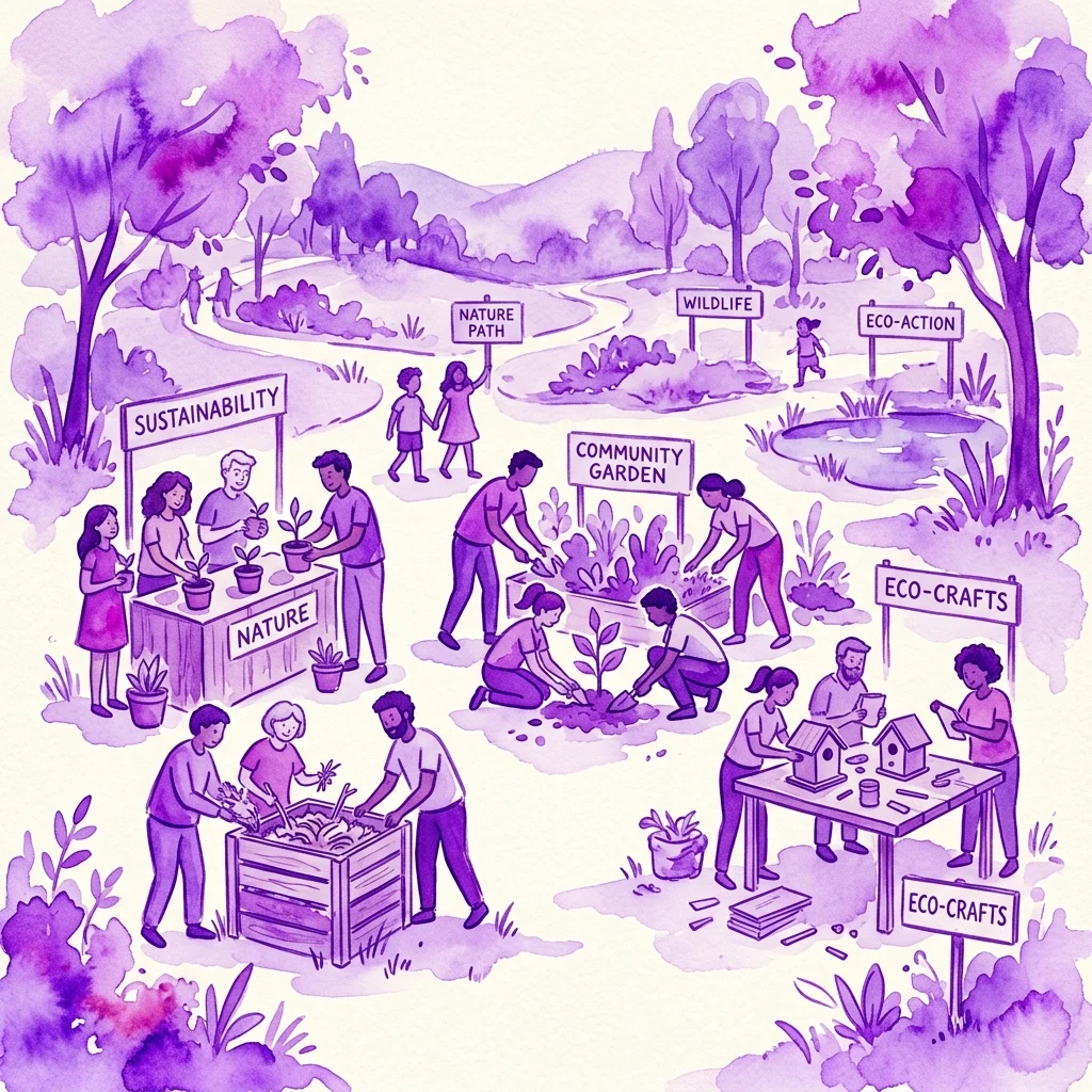 A vibrant purple watercolor illustration of the Aardbewoners Festival at ARTIS, showing diverse people engaging in sustainability activities like composting, planting, and eco-crafts in an outdoor park setting with signs for nature, wildlife, and community garden.