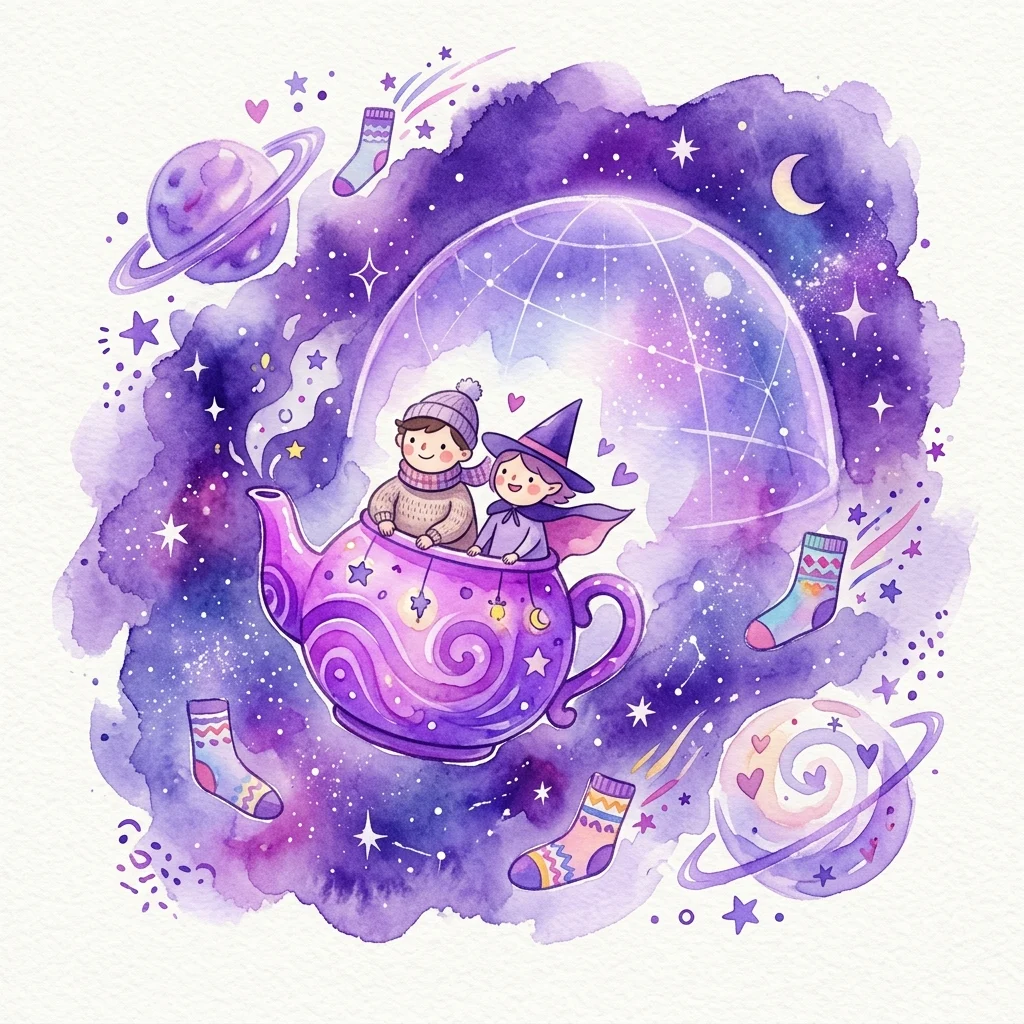 Two children in a purple teapot flying through space, surrounded by planets, socks, stars, and a crescent moon in a whimsical watercolor illustration.