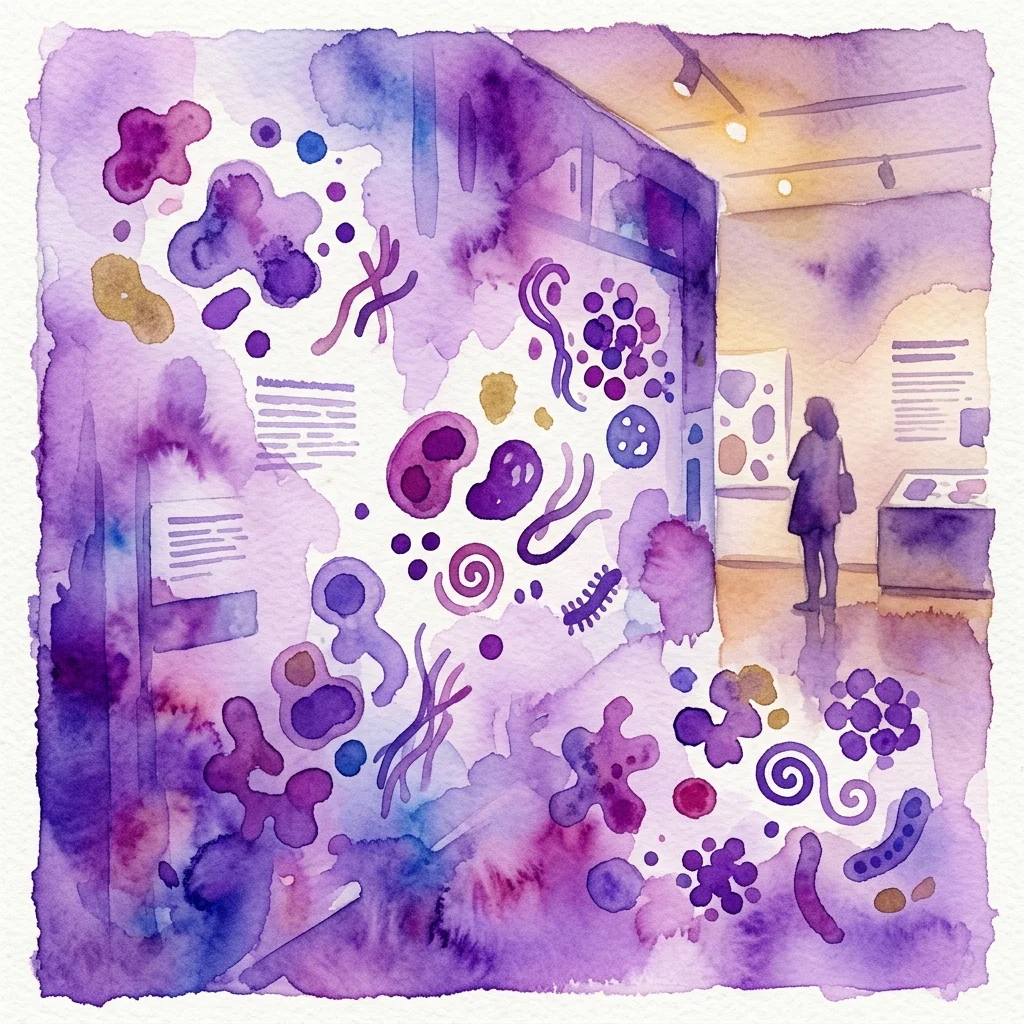 Een aquarelillustratie van een interactieve museumtentoonstelling met kleurrijke, artistieke weergaven van microben als postzegels, met een bezoeker die de tentoongestelde werken verkent.
